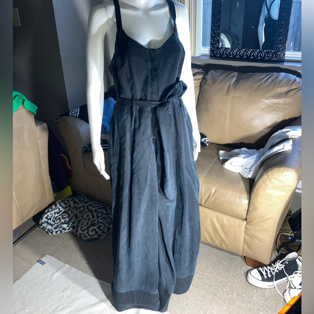 100% Cupro Flowy Wide Leg Belted Button Front Jumpsuit - Picture 5 of 10